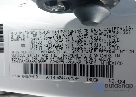 2006 Toyota Tacoma Prerunner V6 z USA, uszkodzony, nr VIN 3TMJU62N66M010865